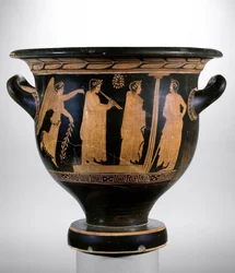 Attic Red-Figure Krater Depicting Nike and Three Figures Wearing Laurel Crowns